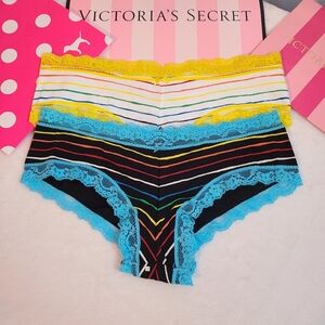 Rare VTG VS PINK 2pk Rainbow Stripe Cotton Lace Hipster Panties Size XS